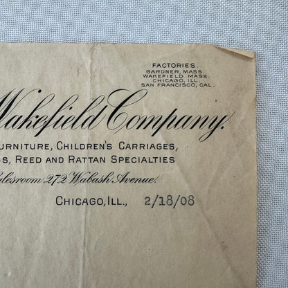 Heywood Brothers and Wakefield Receipt Invoice Document Letterhead 1908 Chicago