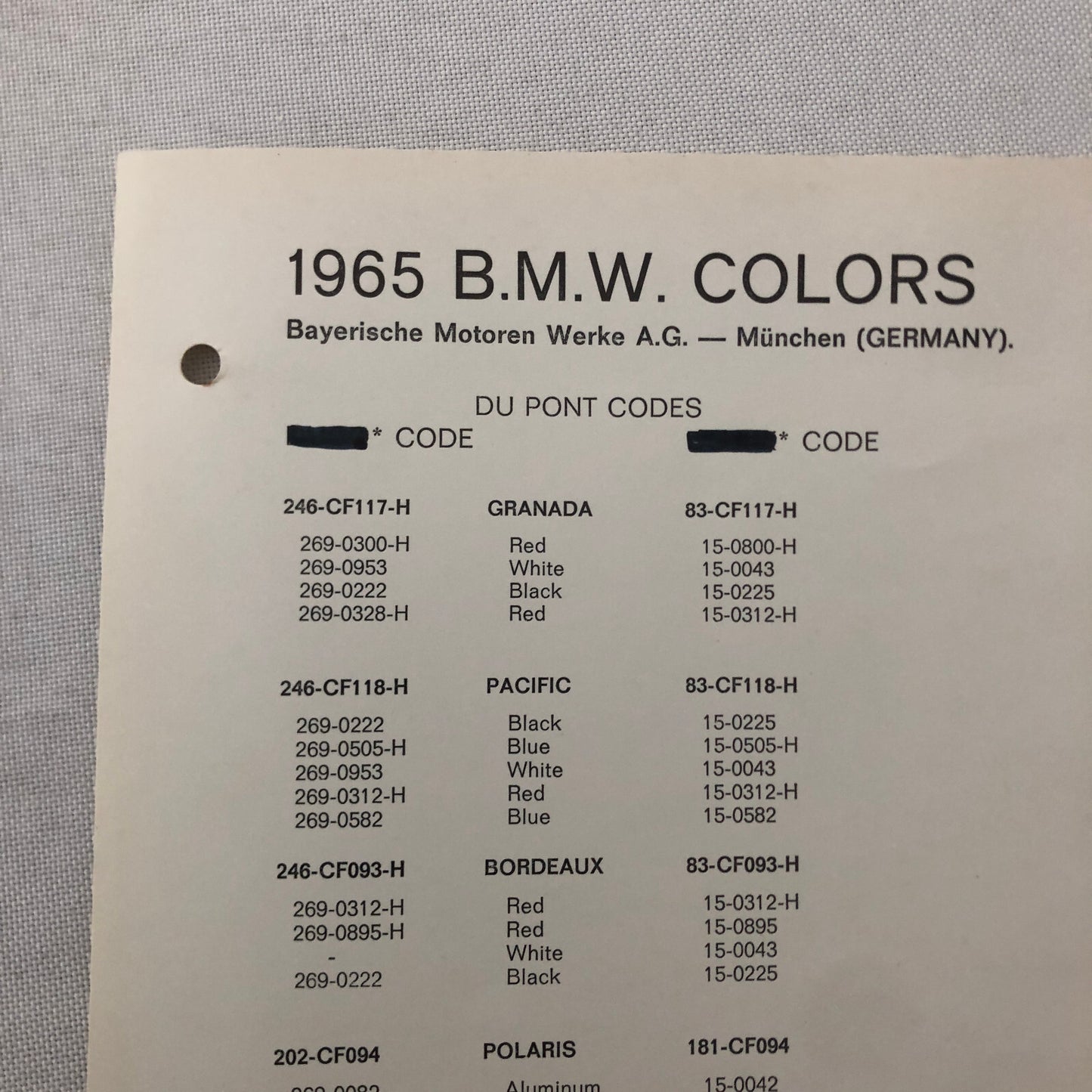 1965 BMW Car Dupont Paint Chip Color Sample Sheet