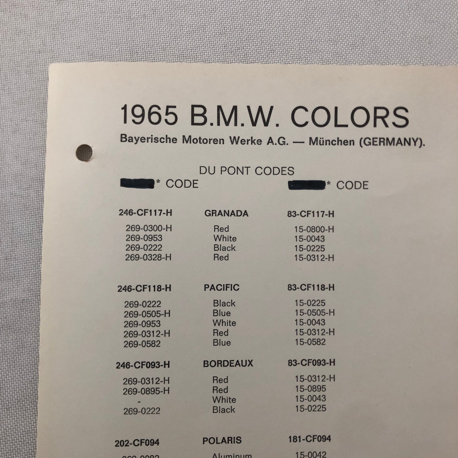 1965 BMW Car Dupont Paint Chip Color Sample Sheet