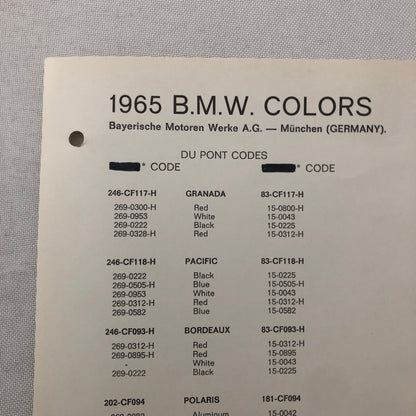 1965 BMW Car Dupont Paint Chip Color Sample Sheet