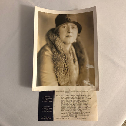 Press Photo Photograph Mrs Peter Drury Society Portrait Benito Mussolini 1933