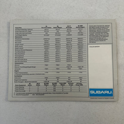 1986 Subaru Car Sales Brochure Catalog Advertising GL Sedan Wagon XT Coupe