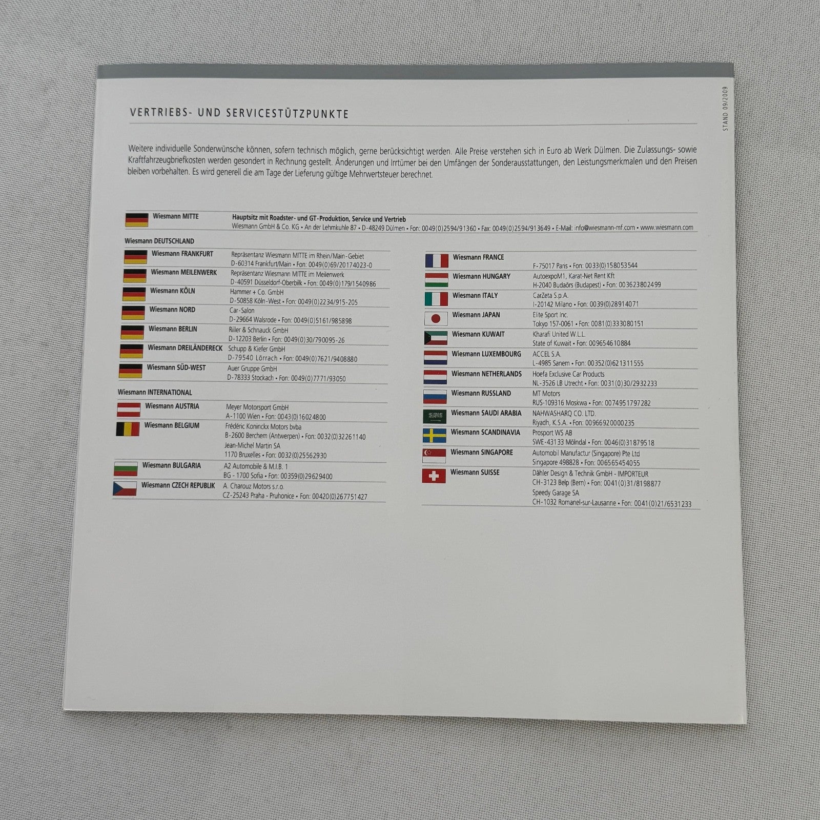 2009 Wiesmann Roadster MF5 Brochure Catalog Sports Car GERMAN Text