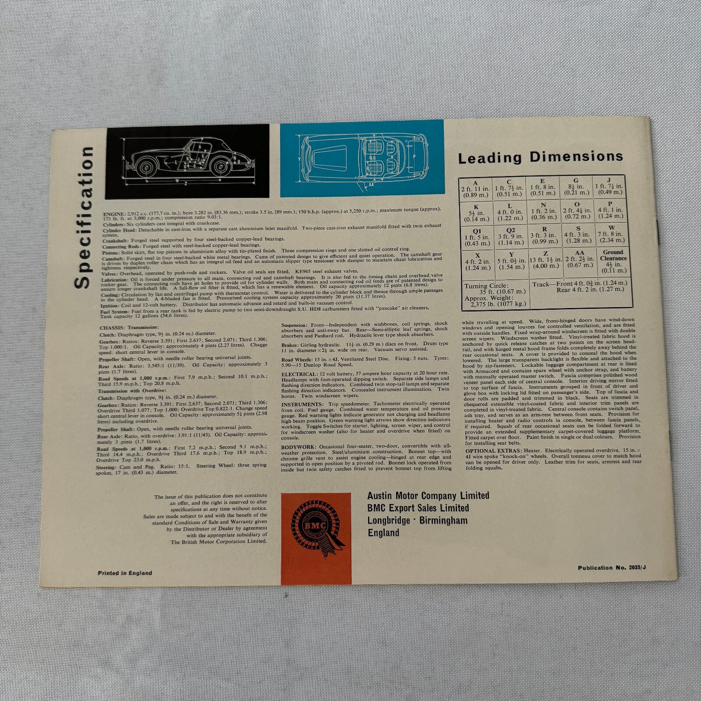 Austin Healey 3000 MK III Sports Convertible Car Sales Brochure Catalog