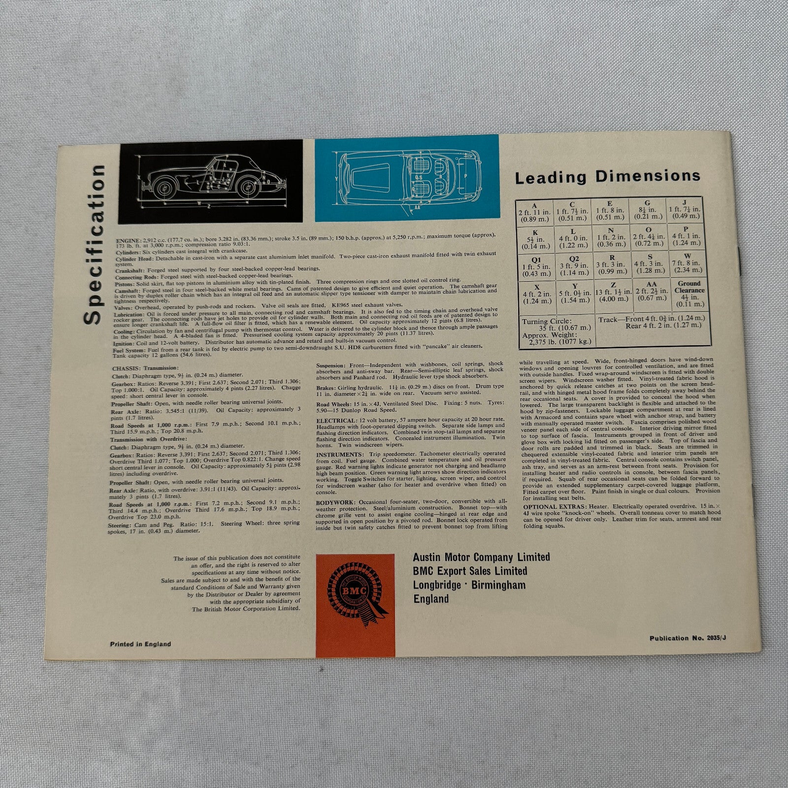 Austin Healey 3000 MK III Sports Convertible Car Sales Brochure Catalog