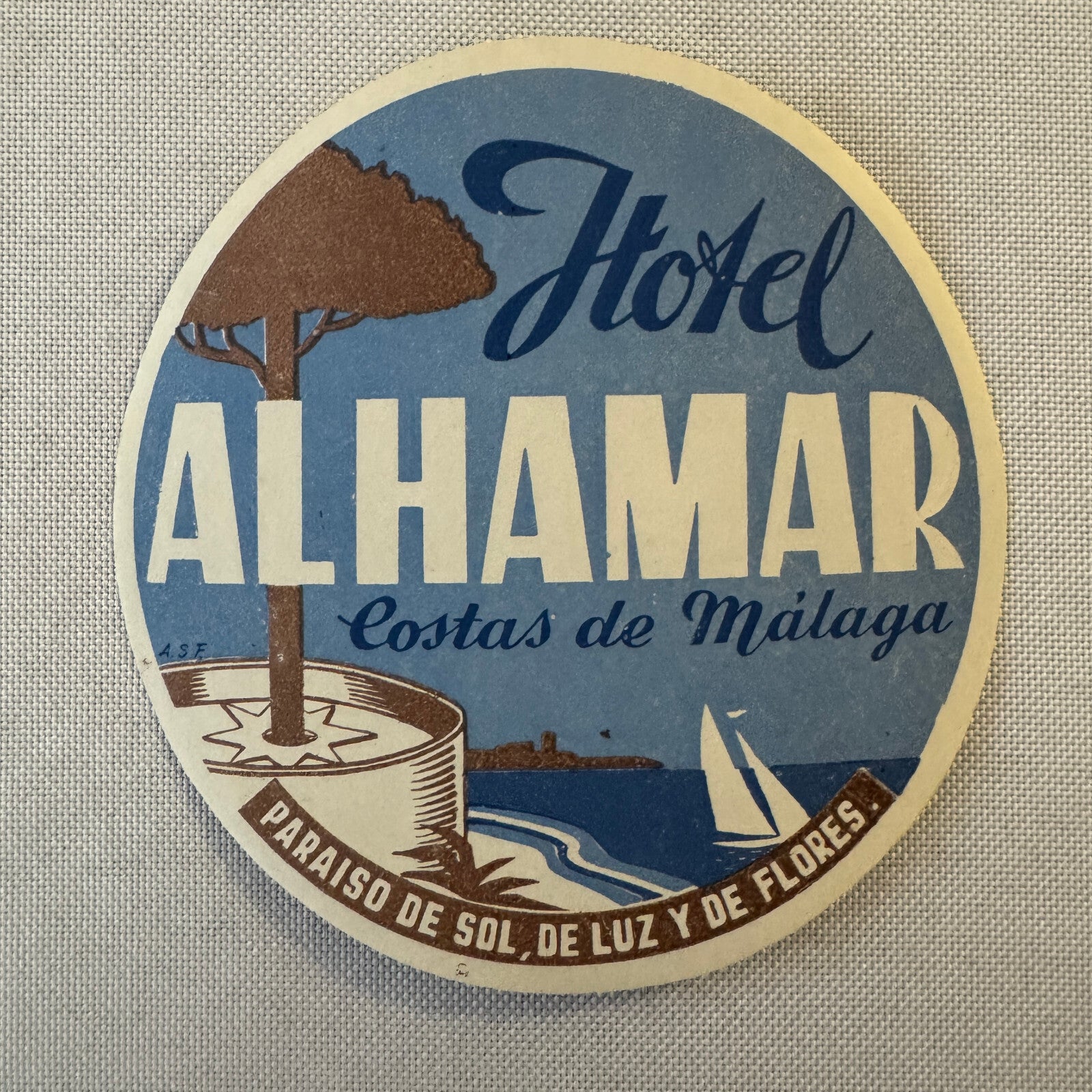 Vintage Hotel Travel Luggage Label Hotel Al Hamar Malaga Spain Espana Spanish