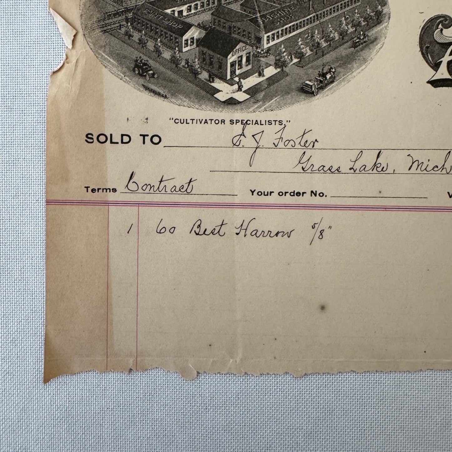 Hartman Manufacturing Company Agricultural Implements Document Receipt 1908