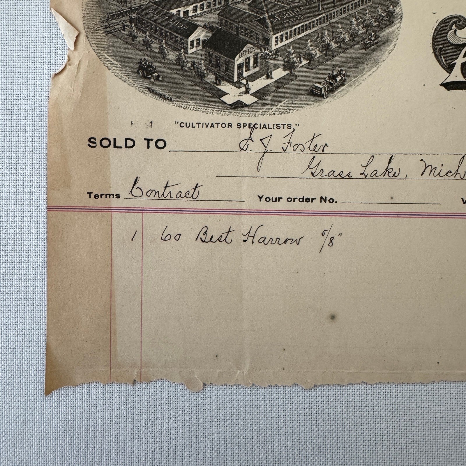 Hartman Manufacturing Company Agricultural Implements Document Receipt 1908