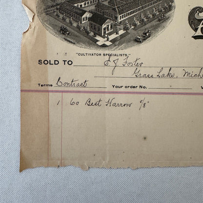 Hartman Manufacturing Company Agricultural Implements Document Receipt 1908