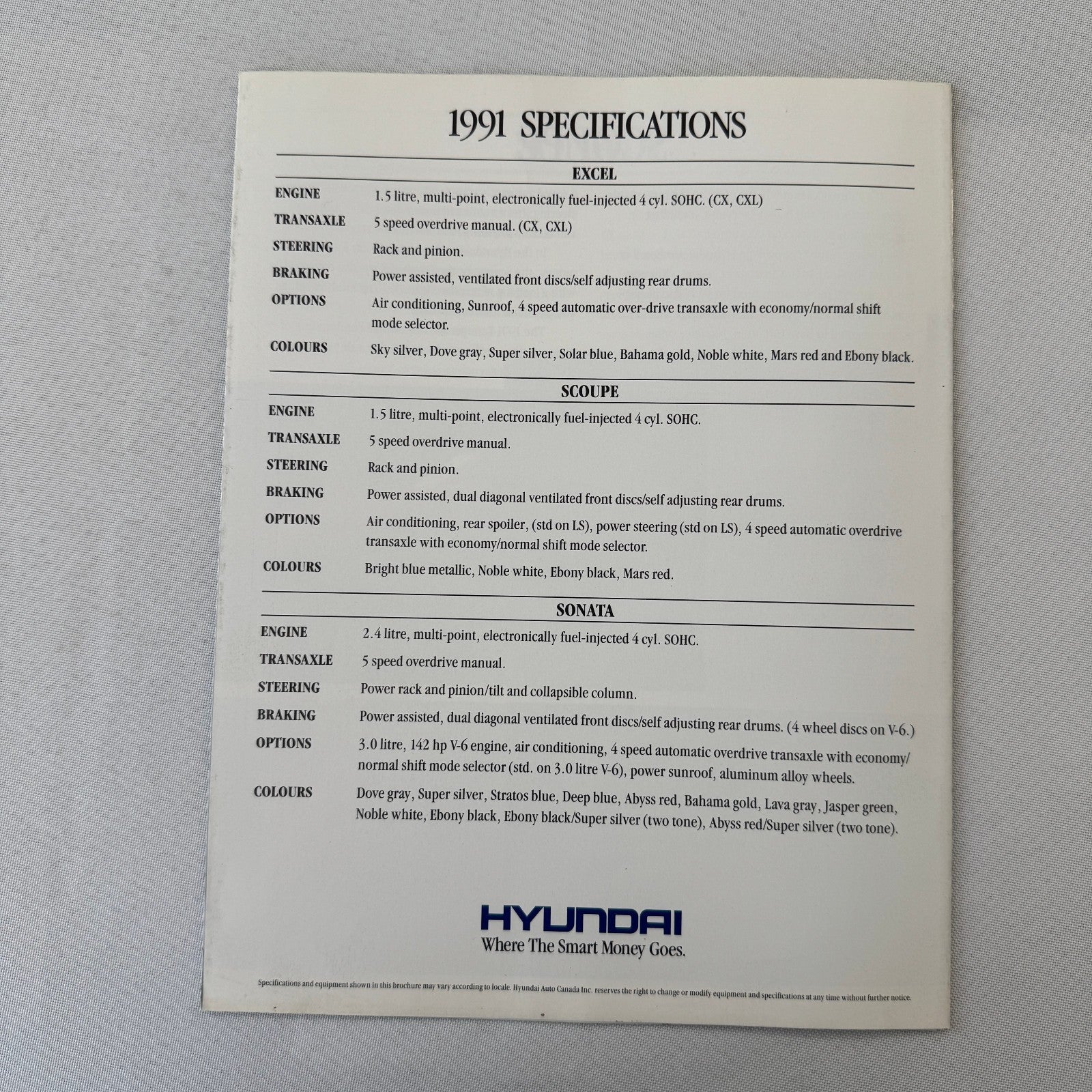 1991 Hyundai Car Sales Brochure Catalog Scoupe Excel Sonata