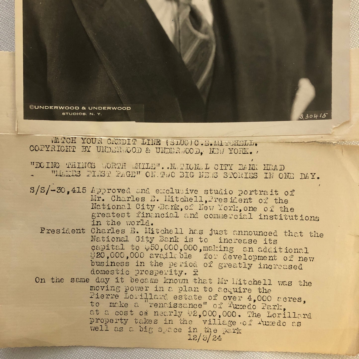 Press Photo Photograph Banker Portrait Charles Mitchell National City Bank 1924