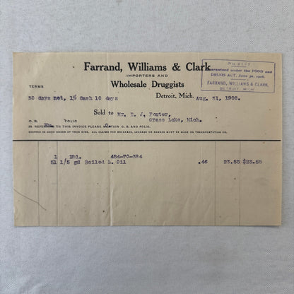 Farrand Williams and Clark Wholesale Druggists Detroit 1908 Invoice Receipt Lot