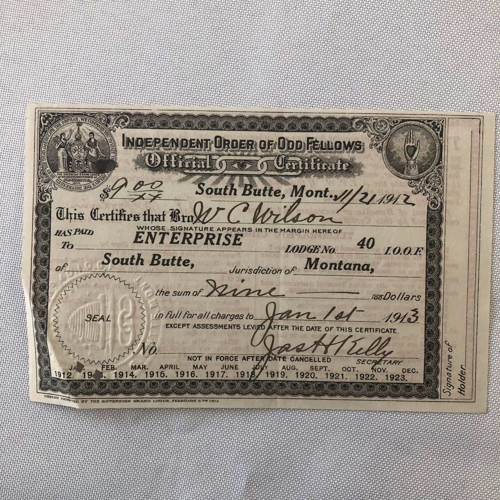 Independent Order of Odd Fellows Official Membership Certificate Document Lot 4x