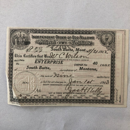 Independent Order of Odd Fellows Official Membership Certificate Document Lot 4x