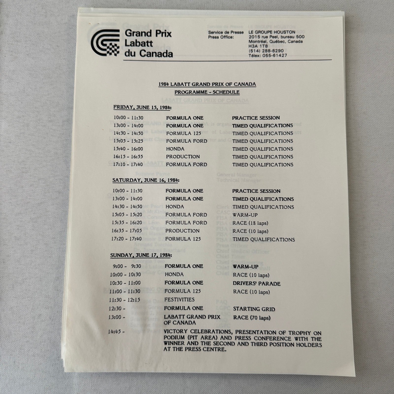 1984 Labatt Montreal Canadian Grand Prix F1 Formula One Press Kit Brochure