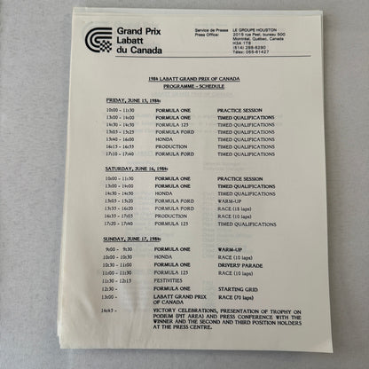 1984 Labatt Montreal Canadian Grand Prix F1 Formula One Press Kit Brochure