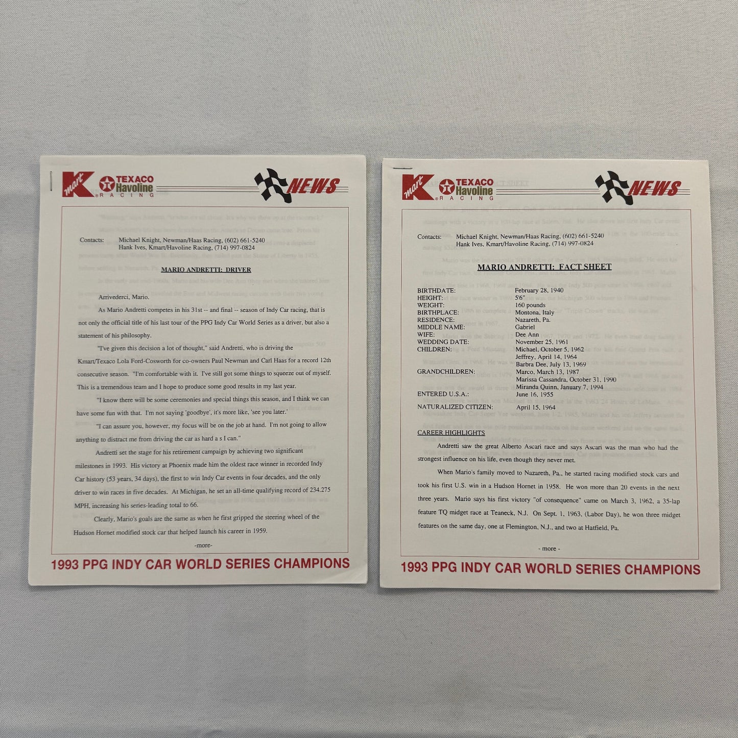 Mario Andretti 1993 PPG Indy Press Release Lot 2x KMart Texaco Havoline Racing