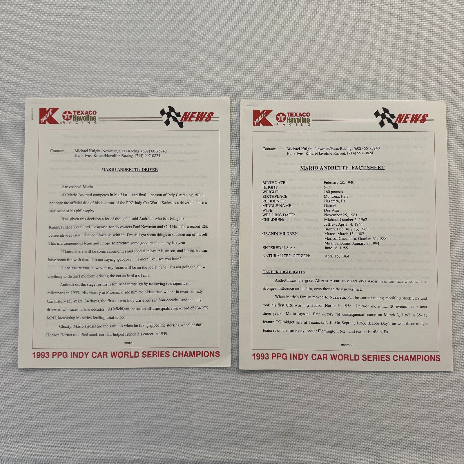 Mario Andretti 1993 PPG Indy Press Release Lot 2x KMart Texaco Havoline Racing