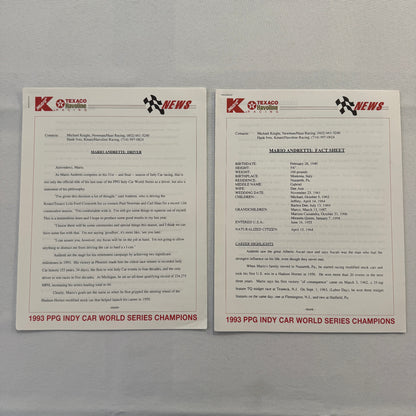 Mario Andretti 1993 PPG Indy Press Release Lot 2x KMart Texaco Havoline Racing