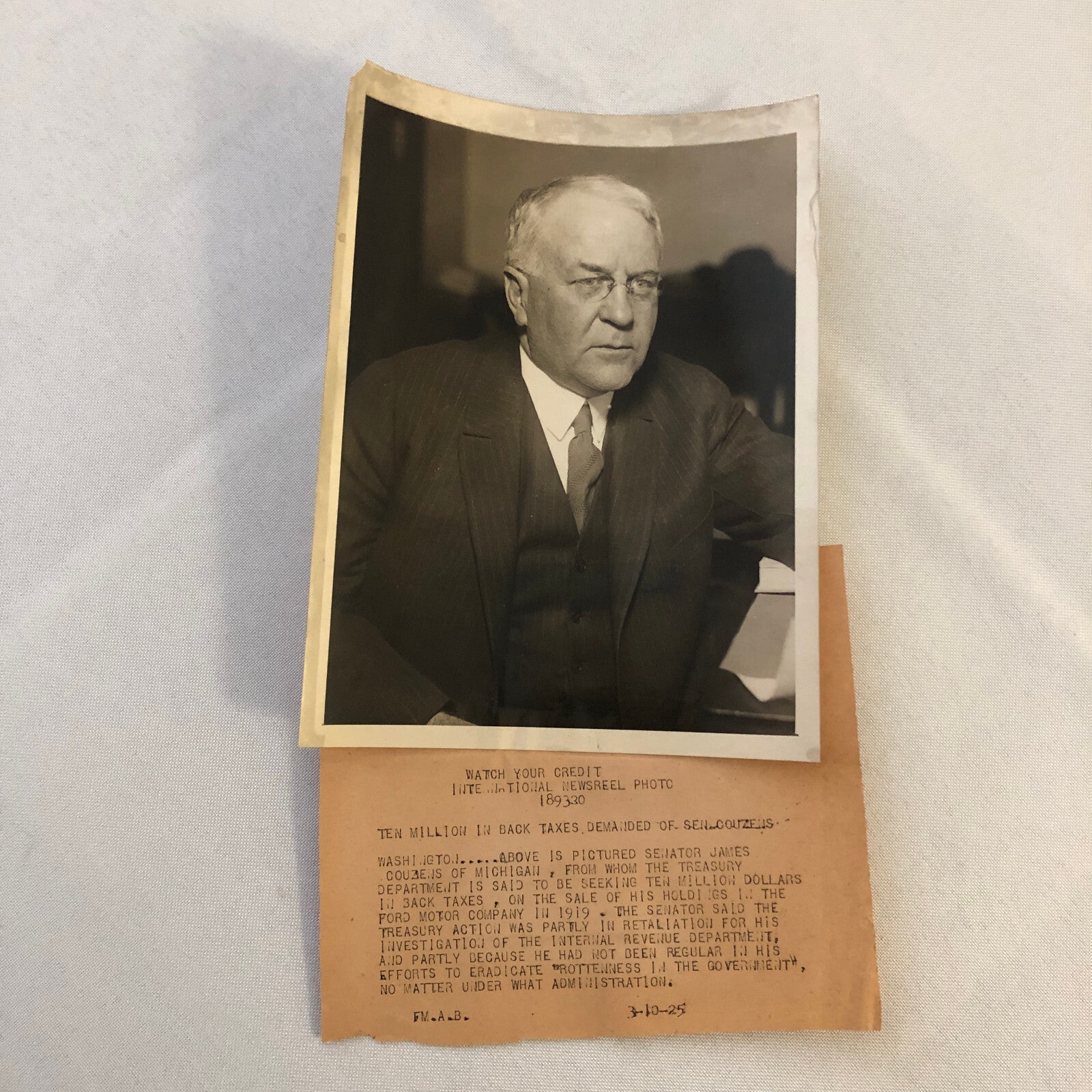 Press Photo Photograph US Senator James Couzens Michigan Owing Back Taxes 1925