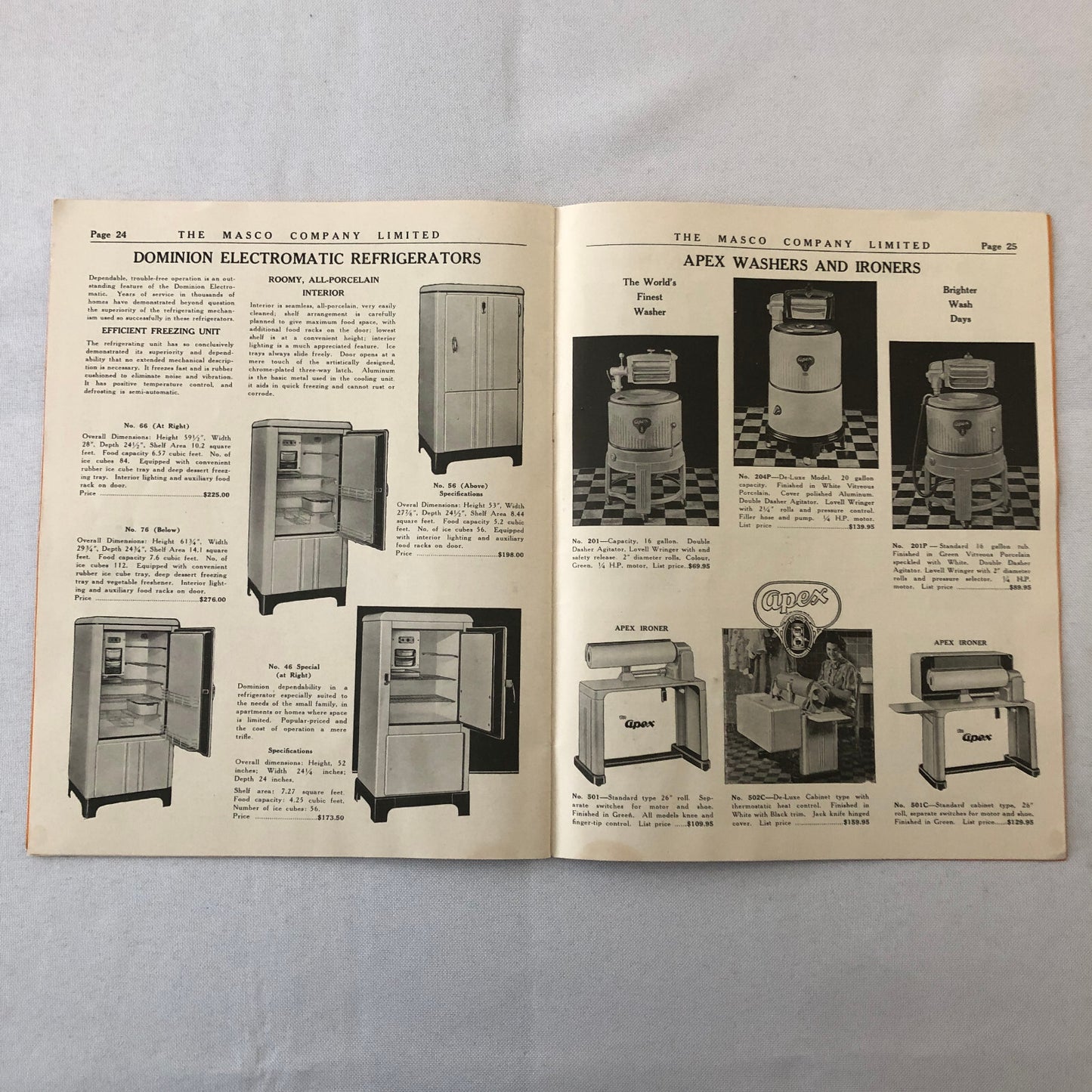 1936 1937 Masco Appliance Catalog Brochure Refrigerator Washing Maching Vacuum +