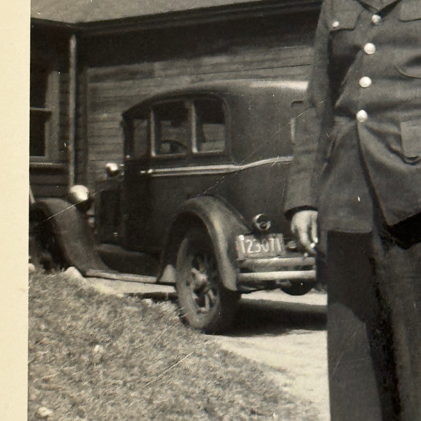 Vintage Photo Photograph Print Snapshot Man in Uniform with Early Automobile
