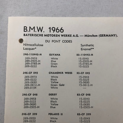 1966 BMW Dupont Paint Chip Color Sample Sheet