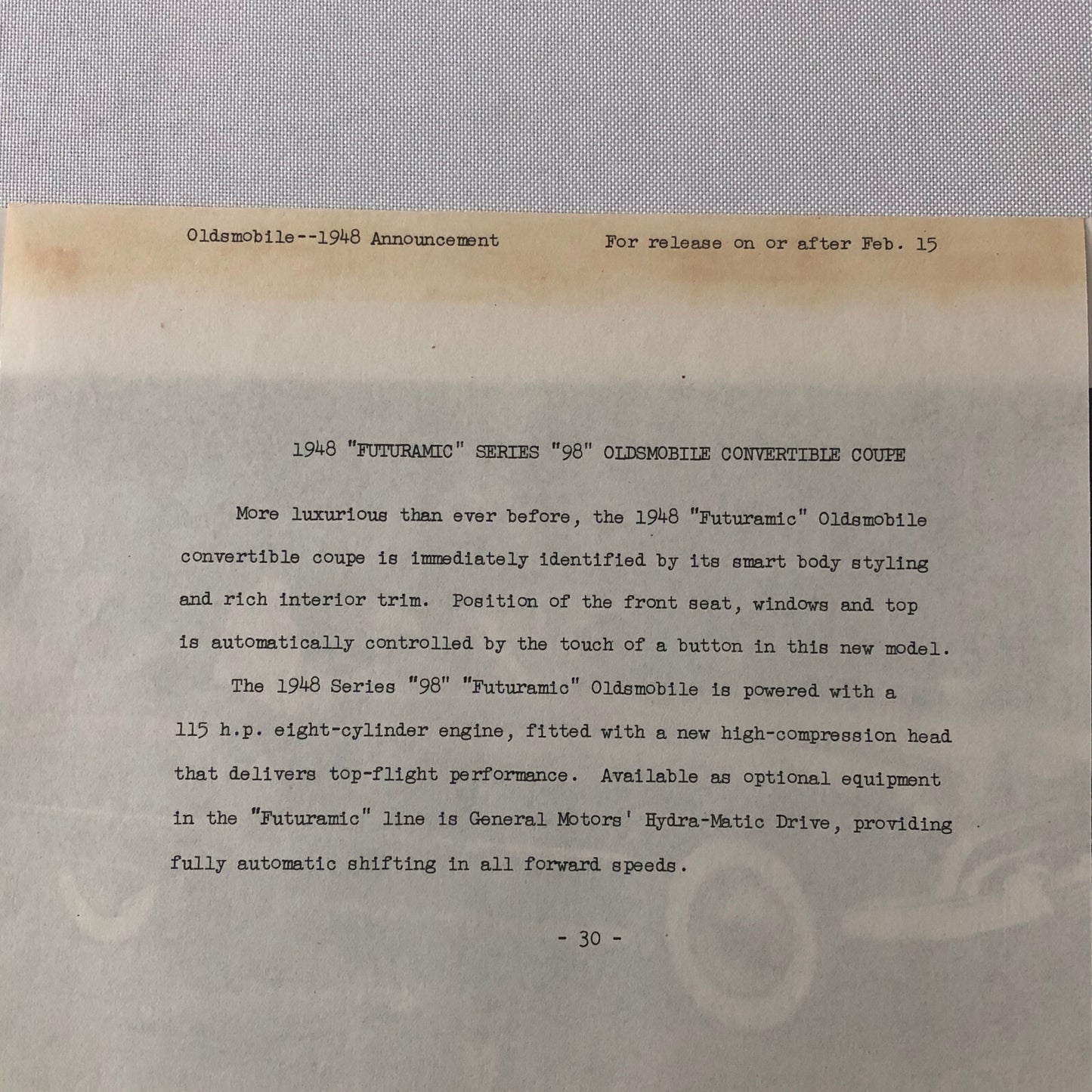 1948 Oldsmobile Series 98 Futuramic Convertible Factory Press Photo Photograph