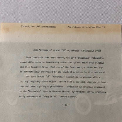 1948 Oldsmobile Series 98 Futuramic Convertible Factory Press Photo Photograph