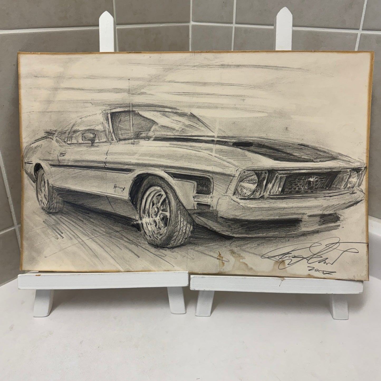 Ford Mustang Vintage Car Illustration Drawing Sketch Original Art Signed