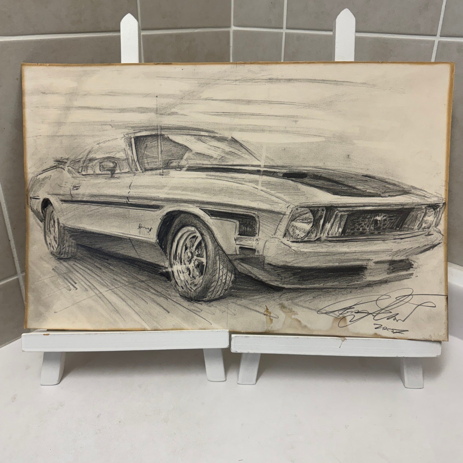 Ford Mustang Vintage Car Illustration Drawing Sketch Original Art Signed
