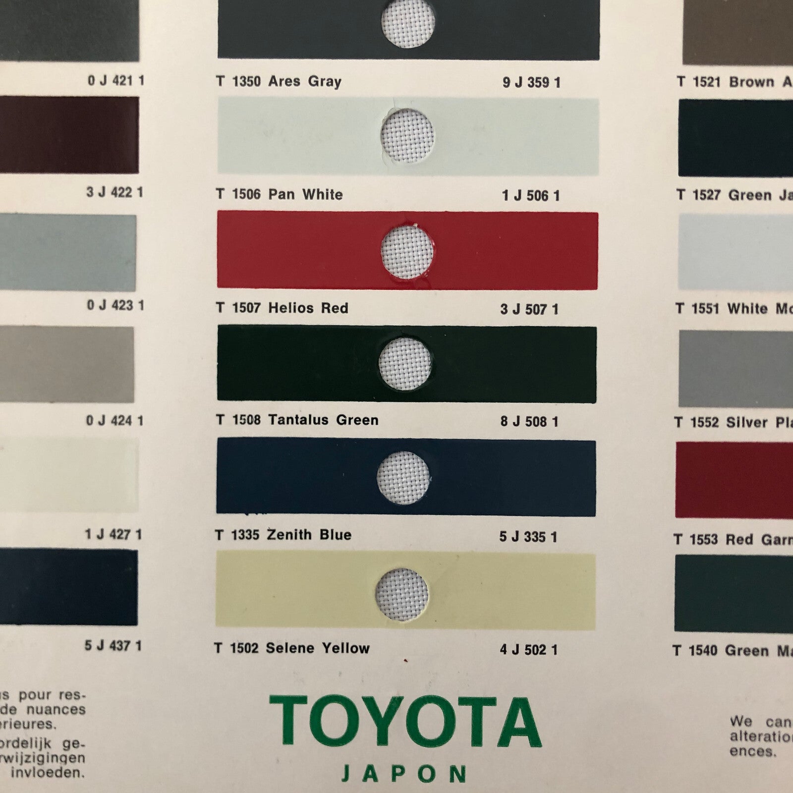 1969 1970 1971 Toyota Car Paint Chip Color Sample Sheet Valentine