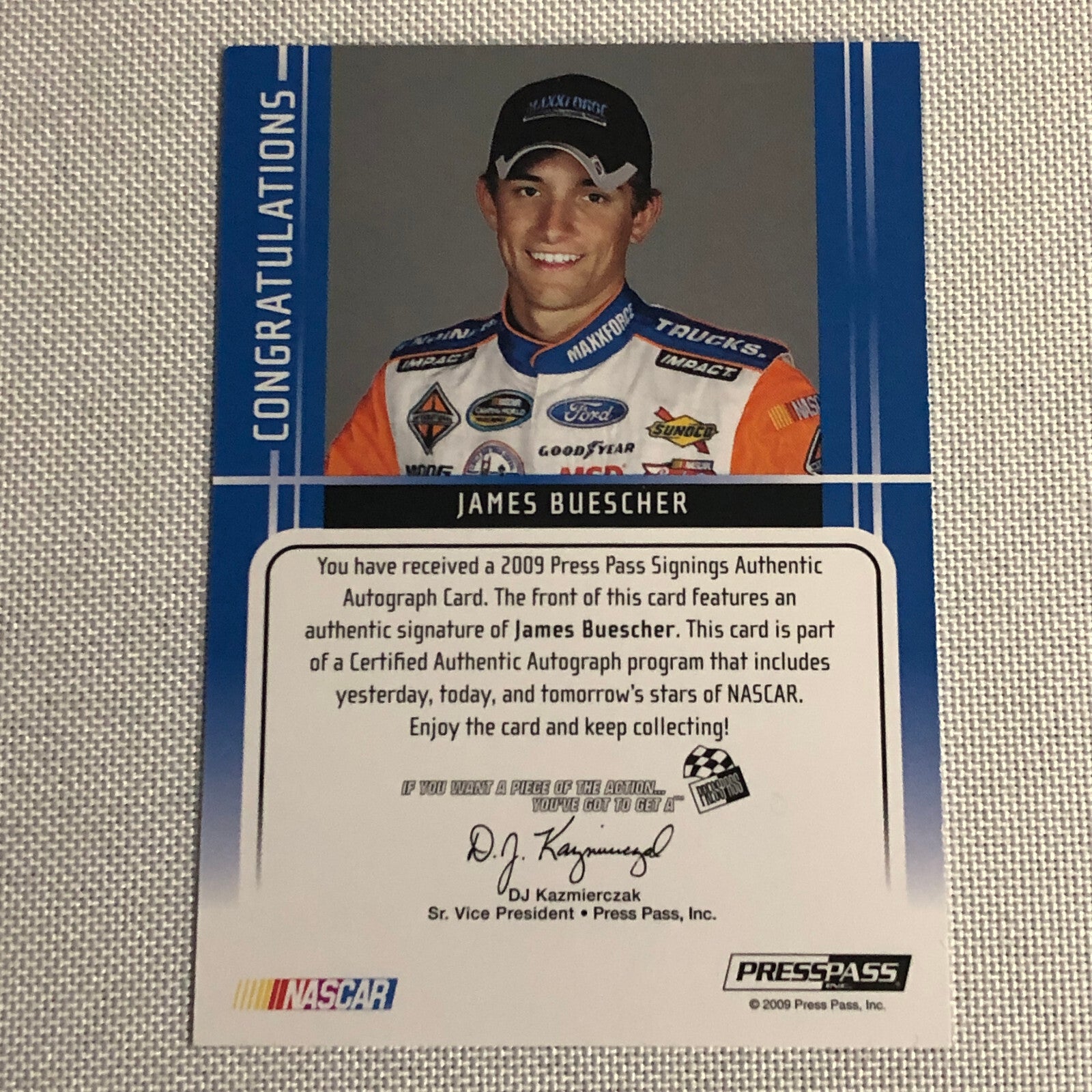 2009 Press Pass Signings James Buescher Auto Autograph Signed Card NASCAR
