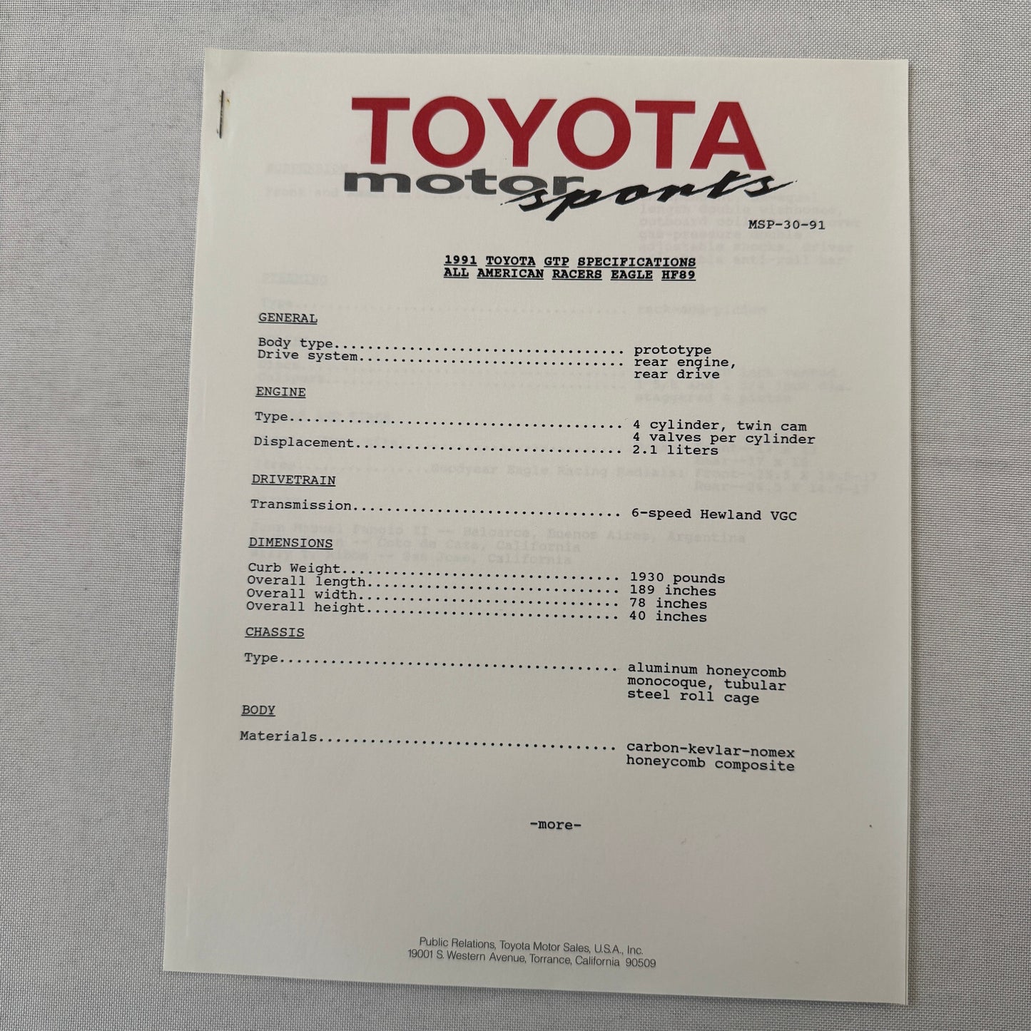 1991 Toyota Motorsport Racing Press Kit Dan Gurney Willy T Ribbs Fangio II