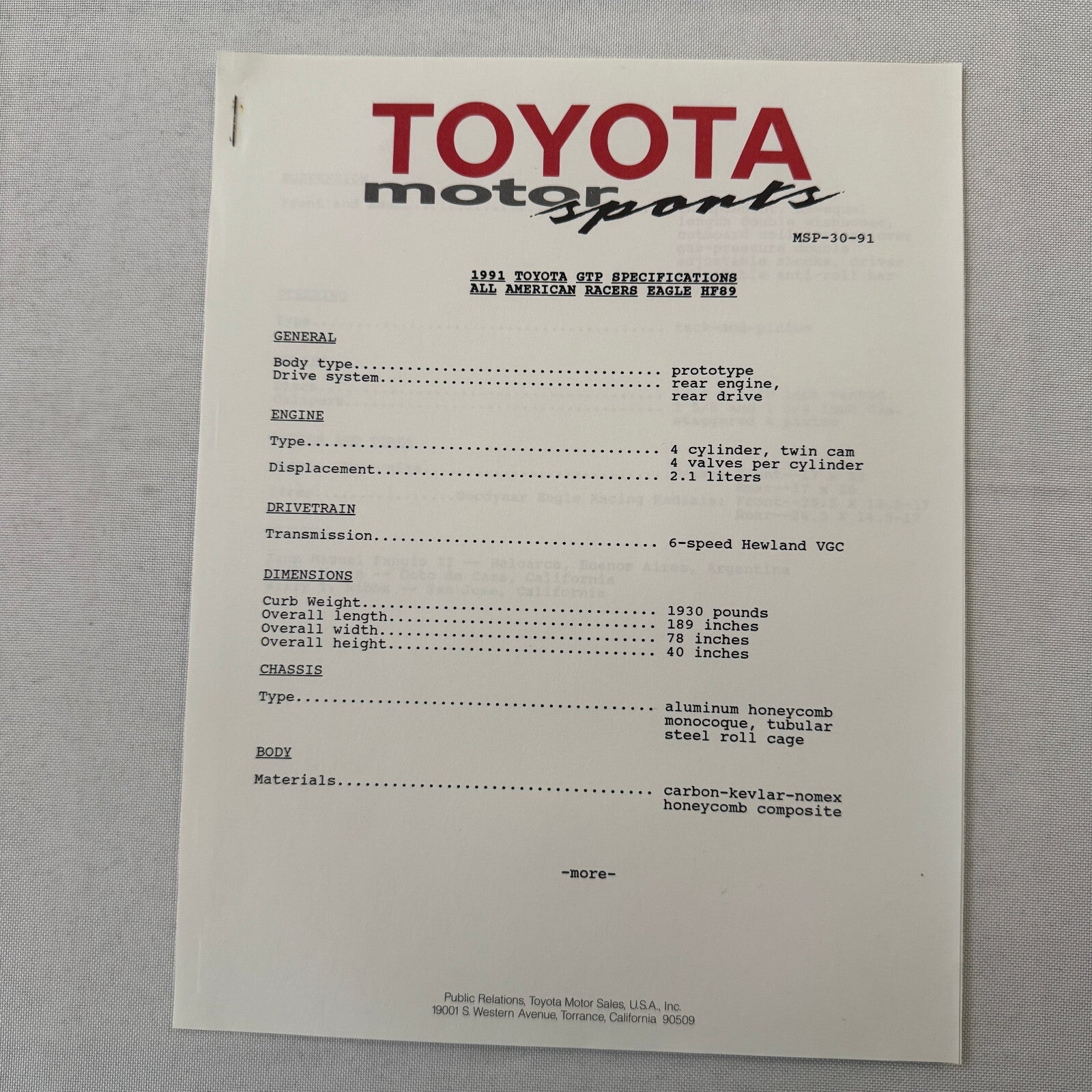 1991 Toyota Motorsport Racing Press Kit Dan Gurney Willy T Ribbs Fangio II