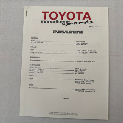 1991 Toyota Motorsport Racing Press Kit Dan Gurney Willy T Ribbs Fangio II