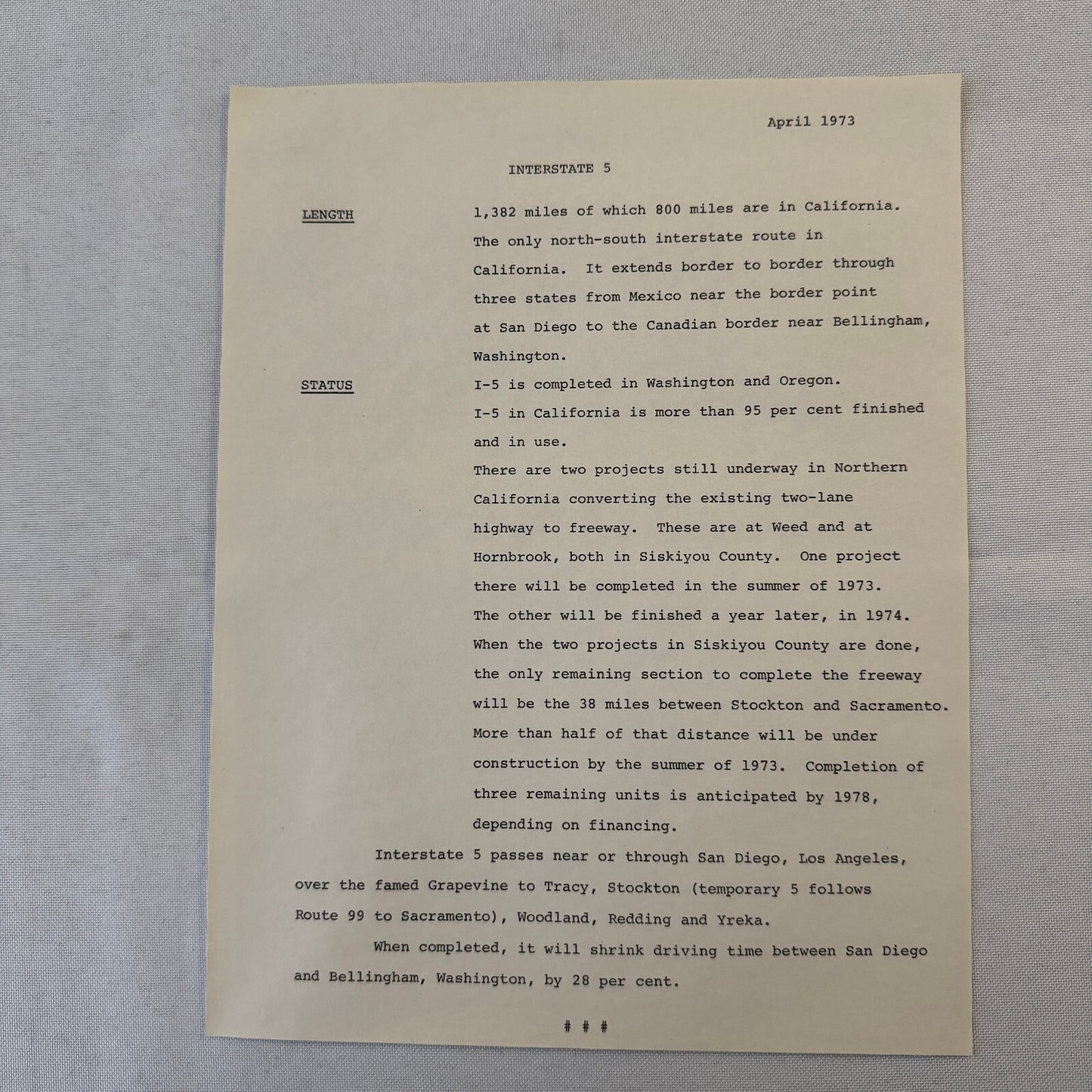 State of California Department of Public Works Interstate Highway 5 Press Kit