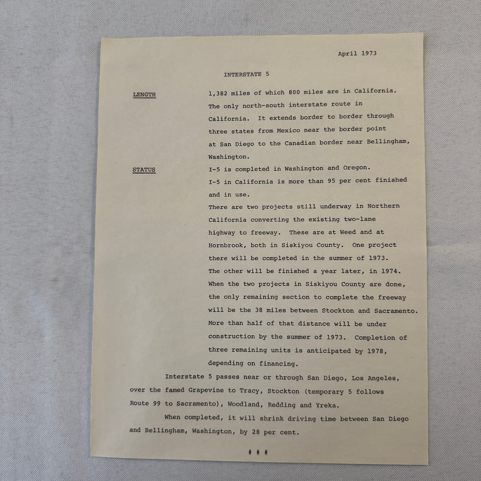 State of California Department of Public Works Interstate Highway 5 Press Kit