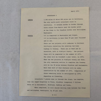 State of California Department of Public Works Interstate Highway 5 Press Kit