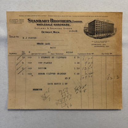 1908 Detroit Michigan Document Invoice Standart Brothers Limited Hardware