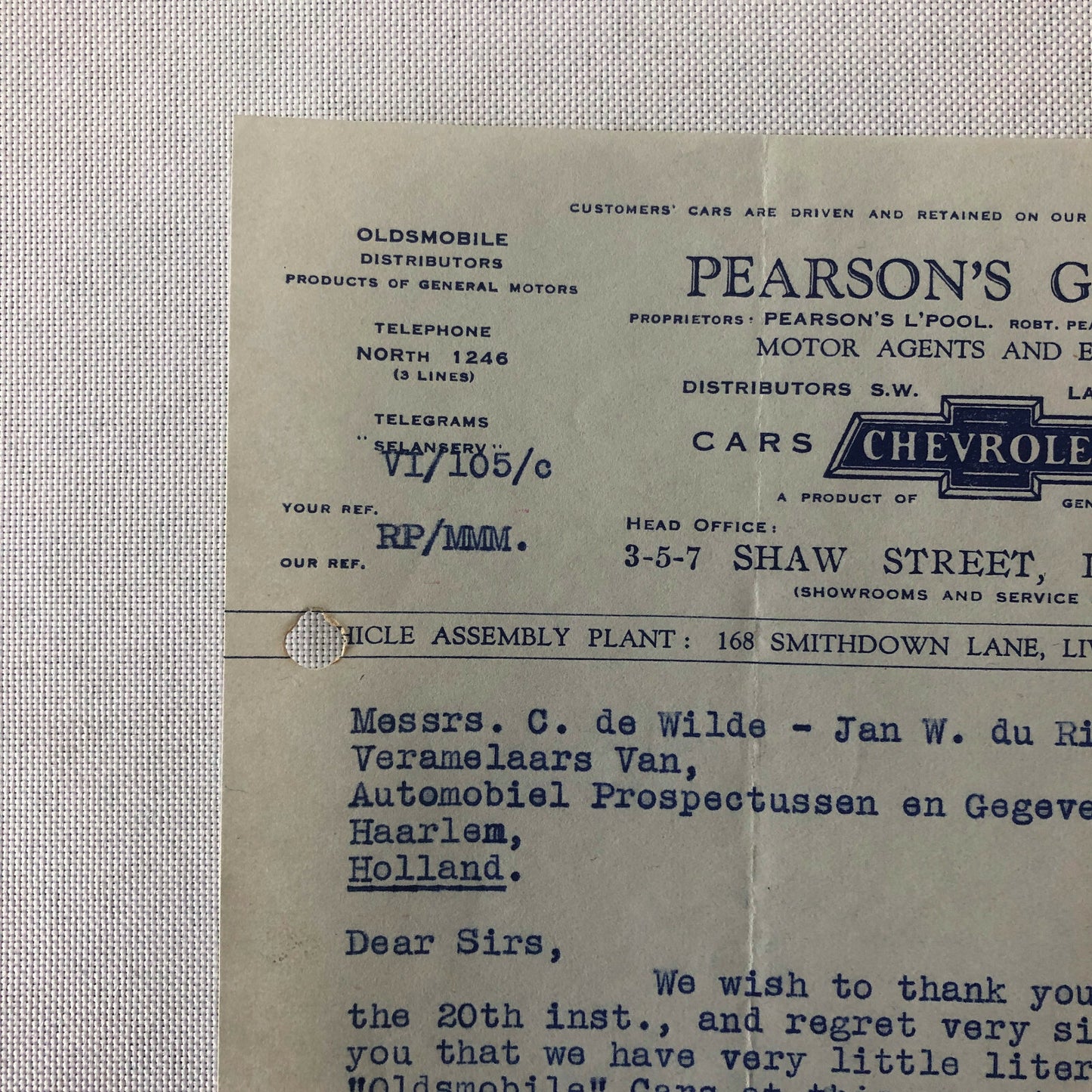 1945 Chevrolet Dealership Letter UK Garage Oldsmobile Car Truck Letterhead