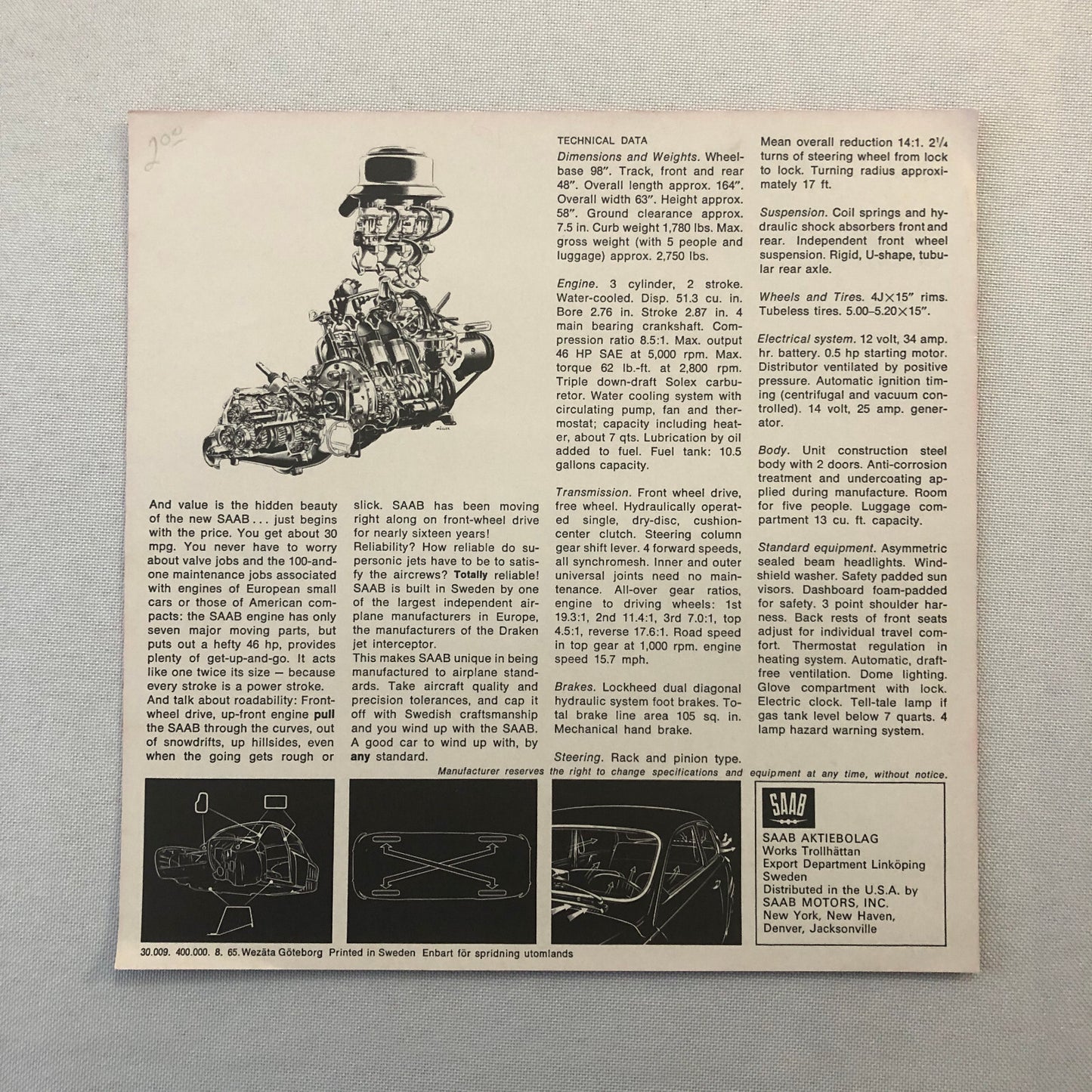 Vintage Saab Car Automobile Sales Sheet Brochure Advertising Catalog