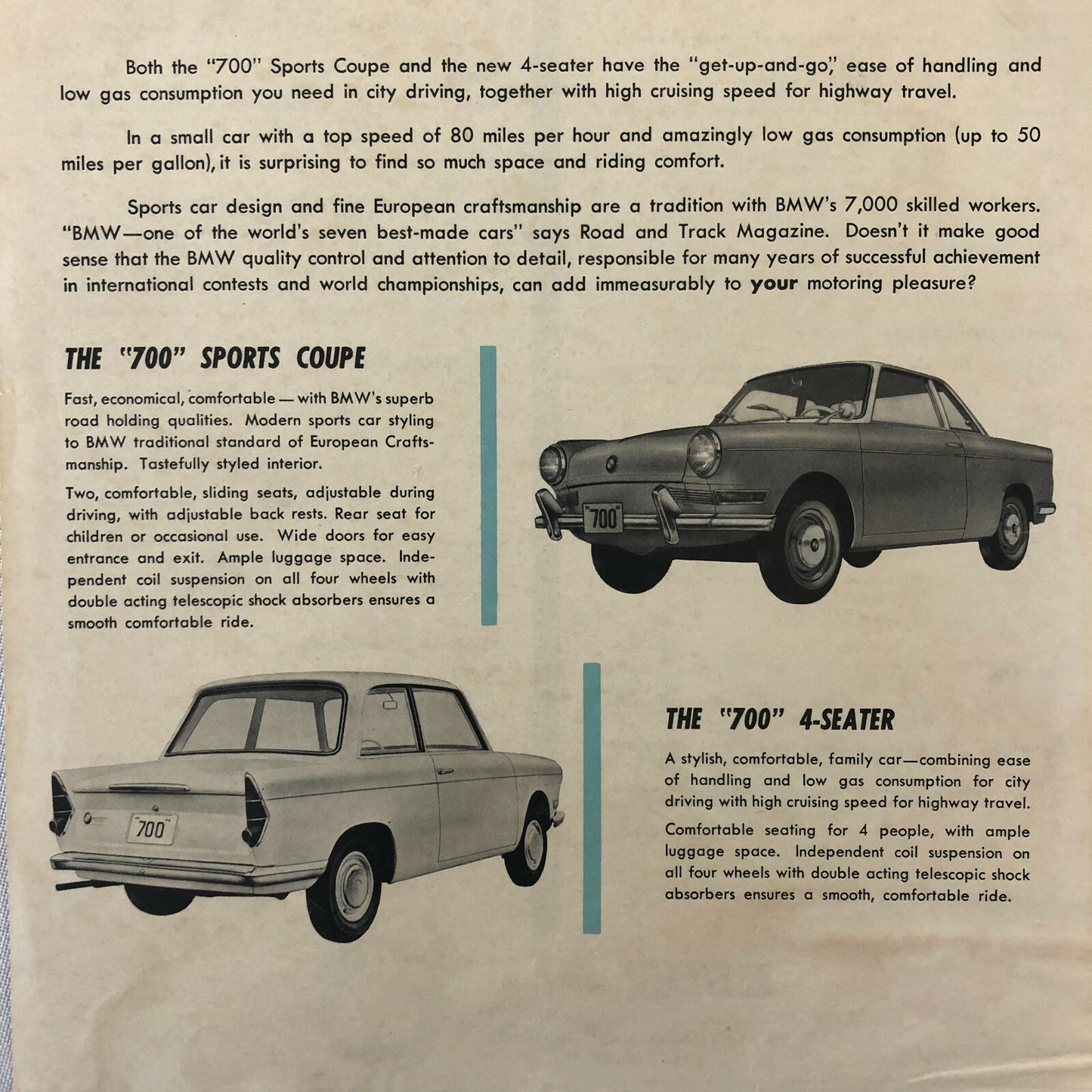 1960 1961 ? BMW 700 Sales Brochure 700 Sport Coupe & 700 4-Seater