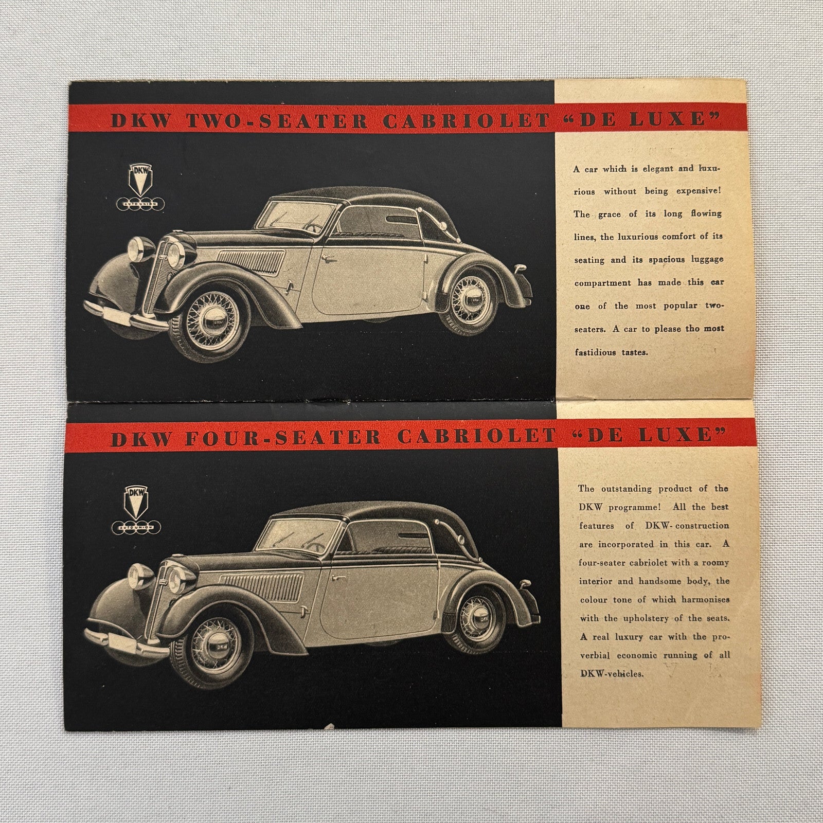 Auto Union DKW Car Sales Brochure Catalog Master Cabrio Saloon Delivery Van +
