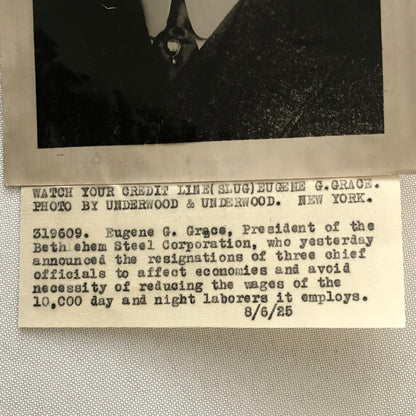 Press Photo Photograph Bethlehem Steel Company President Portrait Eugene G Grace
