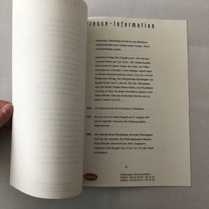 Bugatti EB 218 Concept Car Press Kit Brochure Photos Bugatti EB218 GERMAN Text