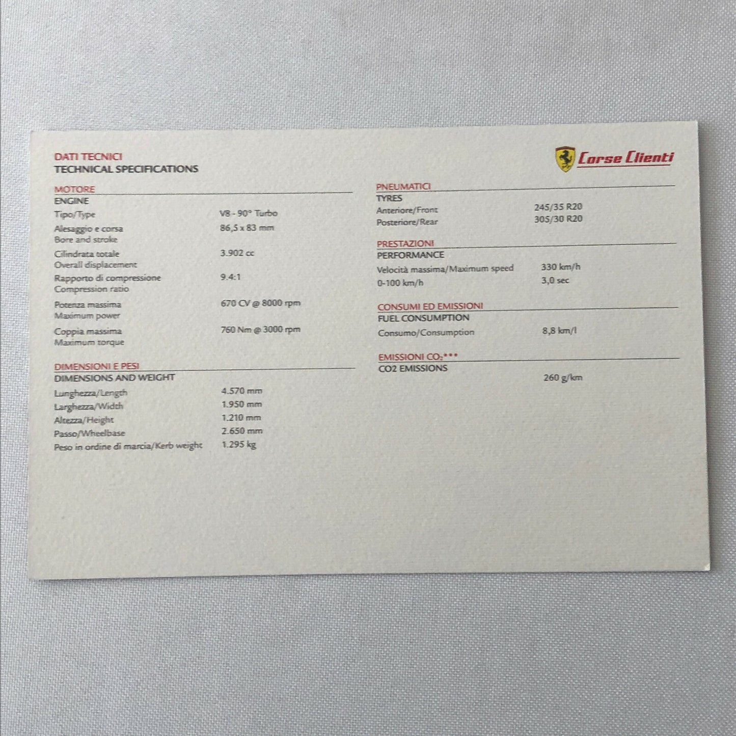 Ferrari Corse Clienti Car Advertising Card Postcard Brochure 