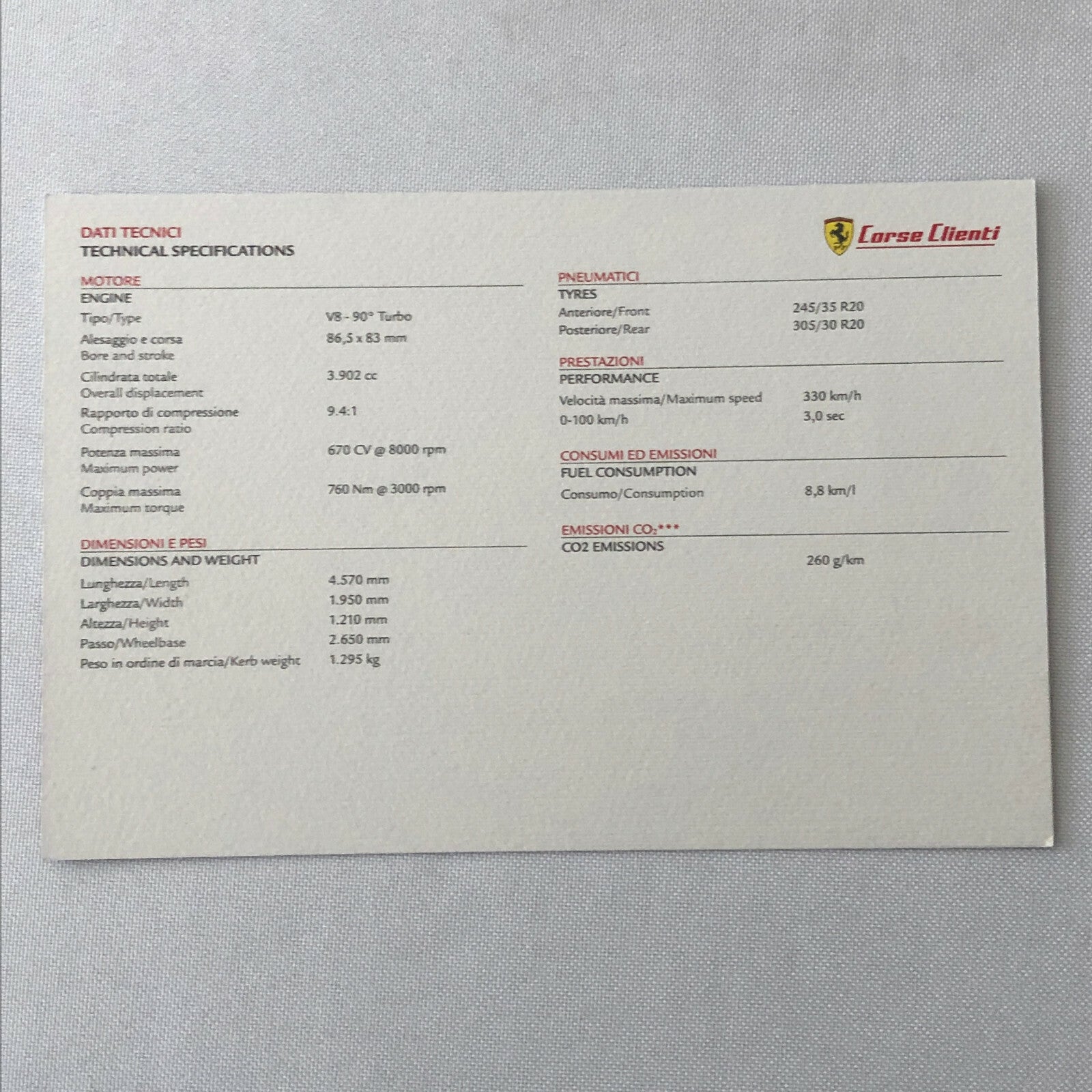 Ferrari Corse Clienti Car Advertising Card Postcard Brochure 