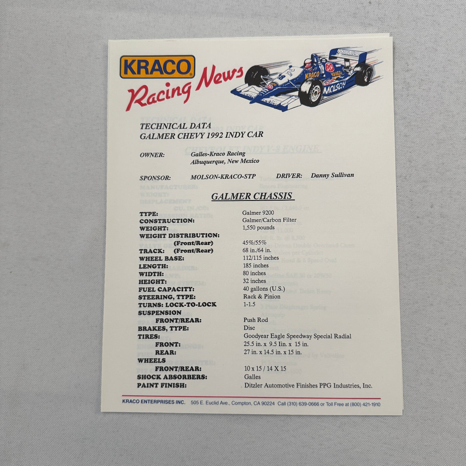 1992 Danny Sullivan Kraco Indy Car Racing Press Kit Brochure Photos Galmer Chevy