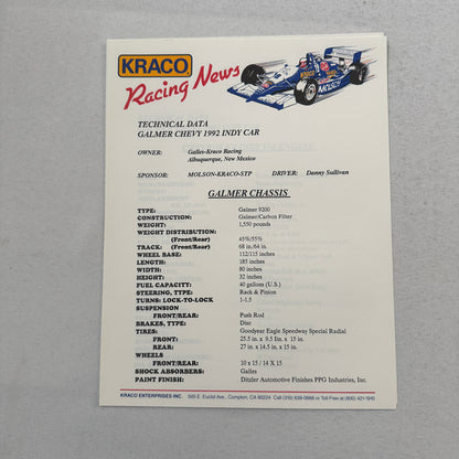 1992 Danny Sullivan Kraco Indy Car Racing Press Kit Brochure Photos Galmer Chevy